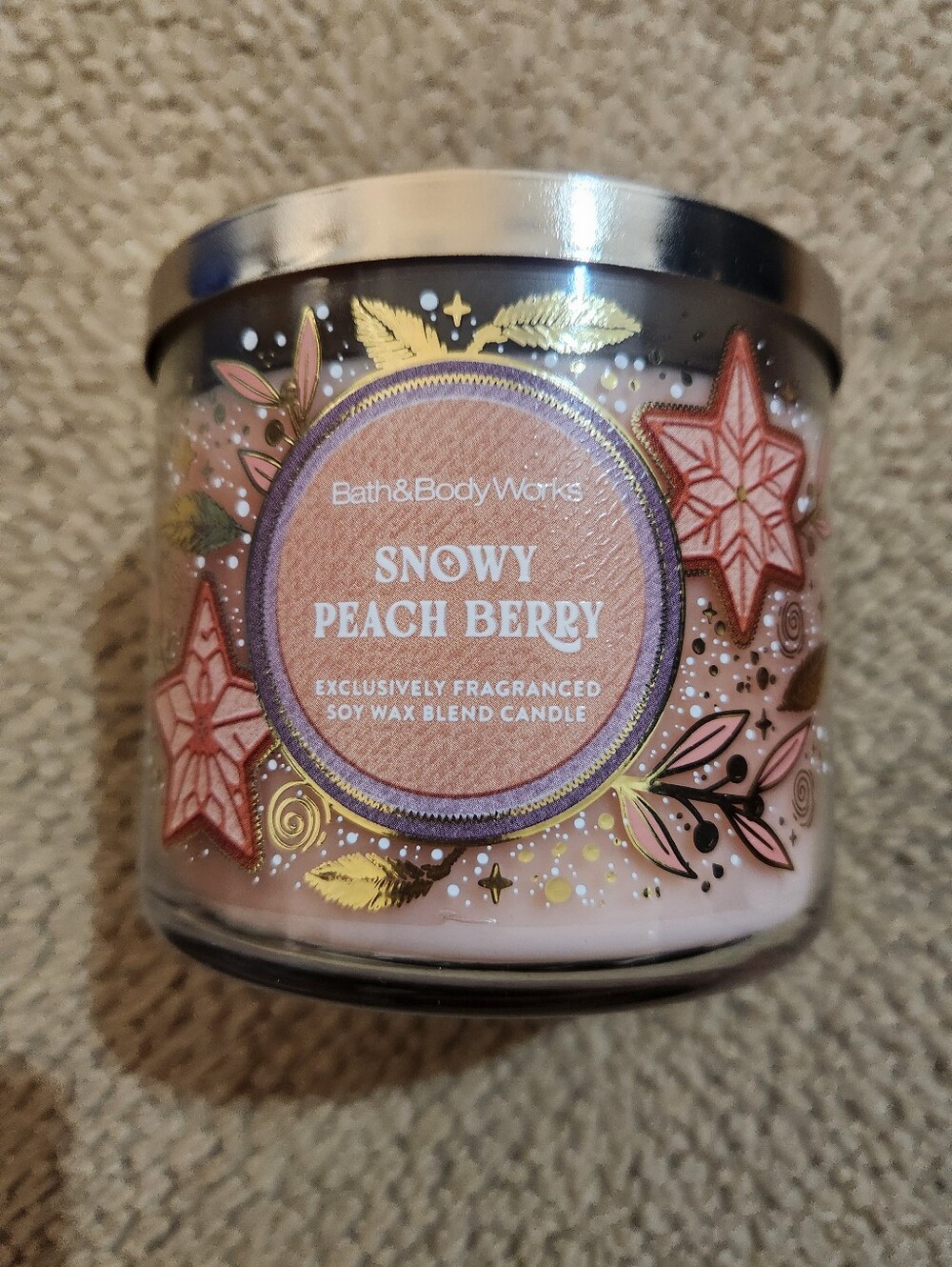 Bath & Body Works Snowy Peach Berry Candle - Pink, Gold Accents